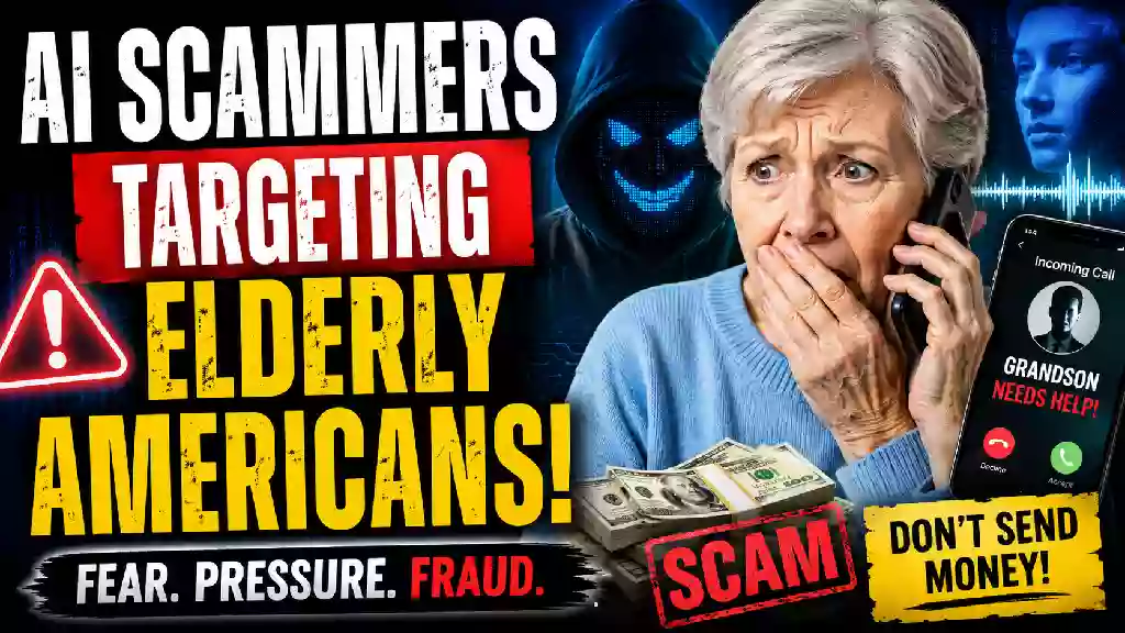 AI scammers targeting elderly Americans with fraudulent phone calls, financial scams, and pressure tactics, featuring a worried senior woman receiving a suspicious call