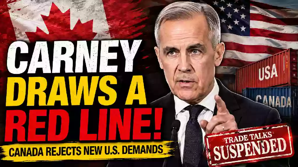 Mark Carney draws a red line as Canada suspends U.S. trade talks over new American demands, with Canadian and U.S. flags and trade containers in the background.