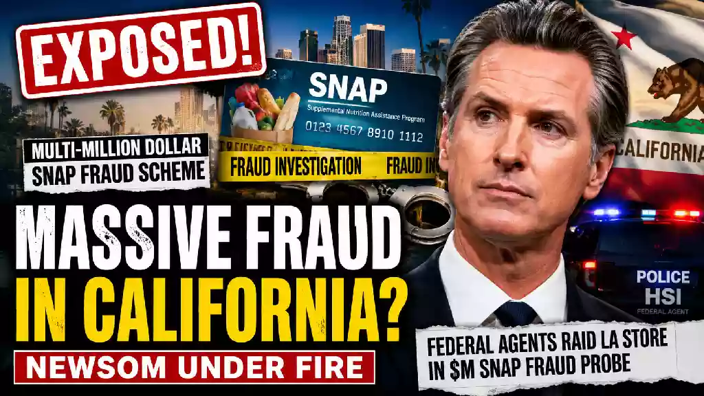California Governor Gavin Newsom alongside bold text about a federal SNAP fraud investigation in Los Angeles. The graphic includes an EBT card, police lights, California flag, handcuffs, and crime scene tape, highlighting a multi-million-dollar welfare fraud probe.