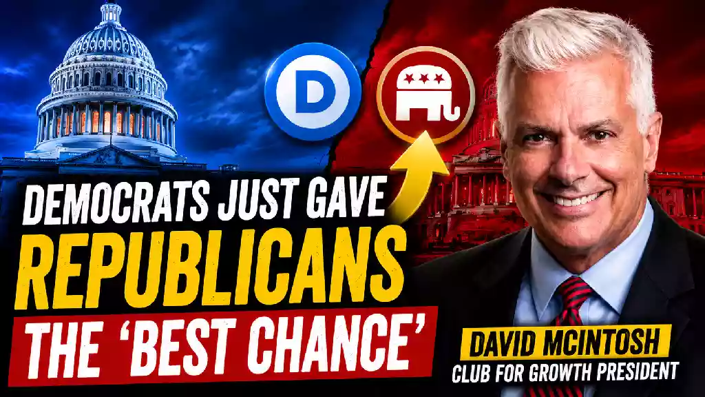 David McIntosh discusses Democratic infighting, Republican election strategy, and the upcoming U.S. midterm elections in a breaking political news thumbnail.