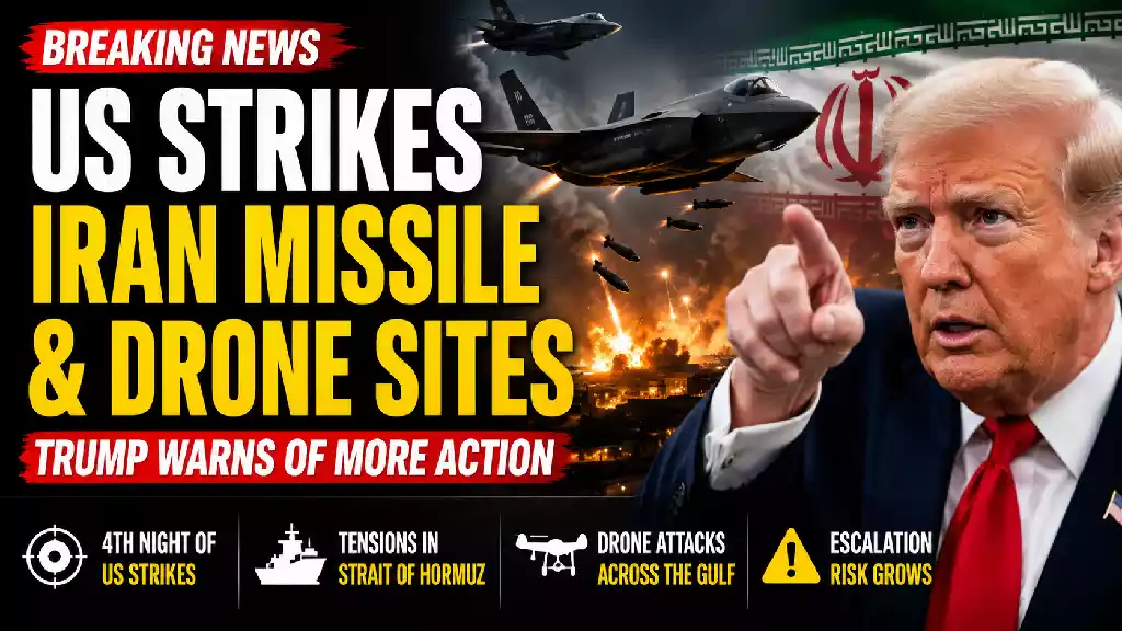 "President Donald Trump appears alongside U.S. fighter jets and explosions as the thumbnail highlights overnight U.S. military strikes targeting Iranian missile and drone sites amid escalating tensions in the Strait of Hormuz."
