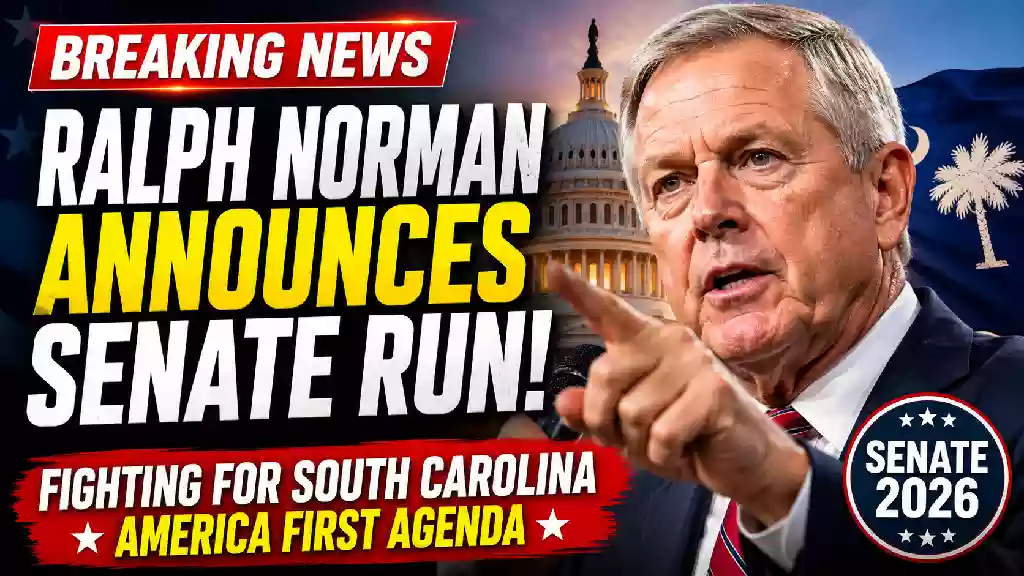 Ralph Norman announces his campaign for the U.S. Senate in South Carolina during a political campaign event, with the U.S. Capitol and South Carolina state flag featured in a breaking news-style graphic highlighting his Senate bid and support for the America First agenda.