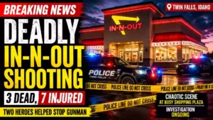Breaking news YouTube thumbnail showing police vehicles surrounding an In-N-Out Burger in Twin Falls, Idaho, following a deadly mass shooting. The image features bold text highlighting three fatalities, seven injuries, an ongoing investigation, and police tape outside the restaurant.