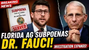 Florida Attorney General James Uthmeier and Dr. Anthony Fauci featured in a breaking news thumbnail about Florida issuing a subpoena as part of a COVID-19 investigation.