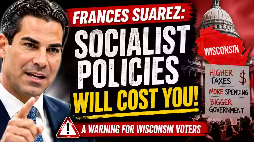Francis Suarez warning about the potential cost of progressive policies and higher taxes in Wisconsin, with Wisconsin Capitol imagery