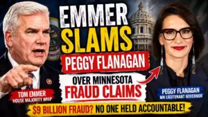 Tom Emmer and Peggy Flanagan featured in a political news graphic about Minnesota fraud claims and the 2026 election