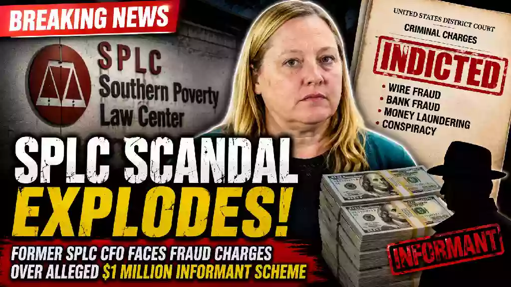 Former SPLC CFO faces federal fraud charges in alleged $1 million informant payment scheme, with Southern Poverty Law Center building, court indictment document, and money shown in breaking news graphic.