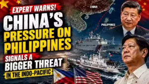 China’s pressure on the Philippines raises wider Indo-Pacific security concerns, with Chinese and Philippine coast guard ships, Xi Jinping, and a regional map shown in a dramatic news graphic.