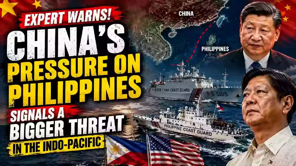 China’s pressure on the Philippines raises wider Indo-Pacific security concerns, with Chinese and Philippine coast guard ships, Xi Jinping, and a regional map shown in a dramatic news graphic.