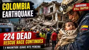 Colombia earthquake aftermath showing collapsed buildings, rescue workers, ambulance and a rescuer holding a baby as search efforts continue after a reported 7.4-magnitude earthquake
