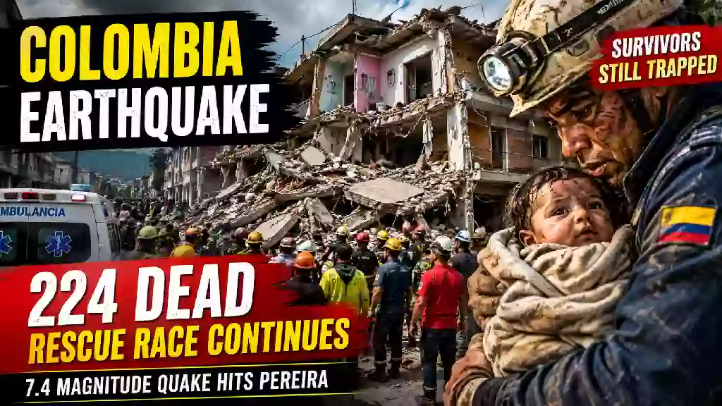 Colombia earthquake aftermath showing collapsed buildings, rescue workers, ambulance and a rescuer holding a baby as search efforts continue after a reported 7.4-magnitude earthquake