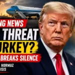Donald Trump pictured with Air Force One, Turkey and Iran flags, and Strait of Hormuz imagery highlighting a reported Iranian threat during the NATO summit in Turkey.