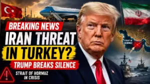 Donald Trump pictured with Air Force One, Turkey and Iran flags, and Strait of Hormuz imagery highlighting a reported Iranian threat during the NATO summit in Turkey.