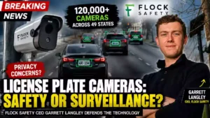 Flock Safety license plate cameras and CEO Garrett Langley featured in a news thumbnail about privacy and surveillance concerns