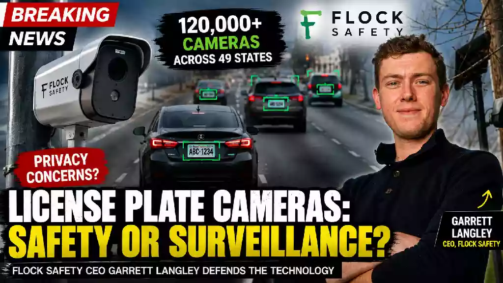 Flock Safety license plate cameras and CEO Garrett Langley featured in a news thumbnail about privacy and surveillance concerns