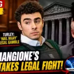 Breaking news thumbnail showing a courtroom legal battle involving a young defendant, a legal analyst, and a former defendant, with double jeopardy, New York case, new trial, and DNA evidence graphics.
