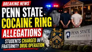Penn State cocaine ring allegations involving students, fraternity drug operation, handcuffed suspects, police lights and university campus