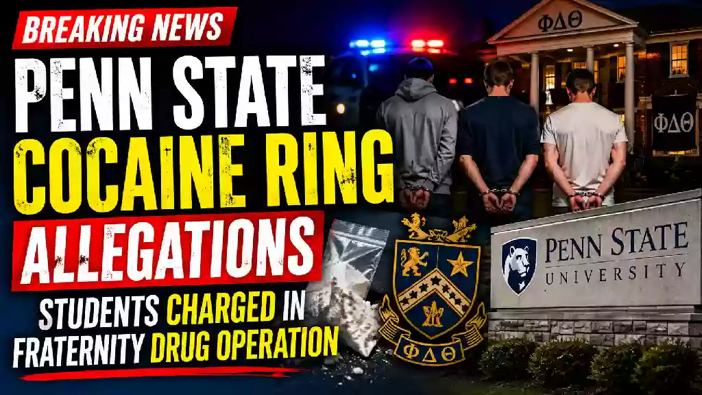 Penn State cocaine ring allegations involving students, fraternity drug operation, handcuffed suspects, police lights and university campus