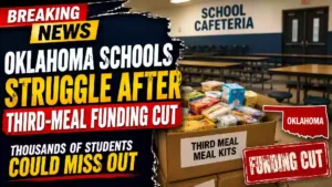 Oklahoma schools struggle after third-meal funding cut, with school meal kits shown in an empty cafeteria