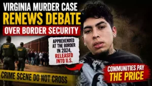 Virginia murder case and border security debate thumbnail featuring a suspect, Border Patrol agents, U.S.-Mexico border, and crime scene imagery