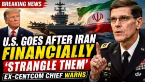 U.S. pressure campaign against Iran featuring an aircraft carrier, Iranian flag, and former CENTCOM commander Joseph Votel discussing tougher financial sanctions