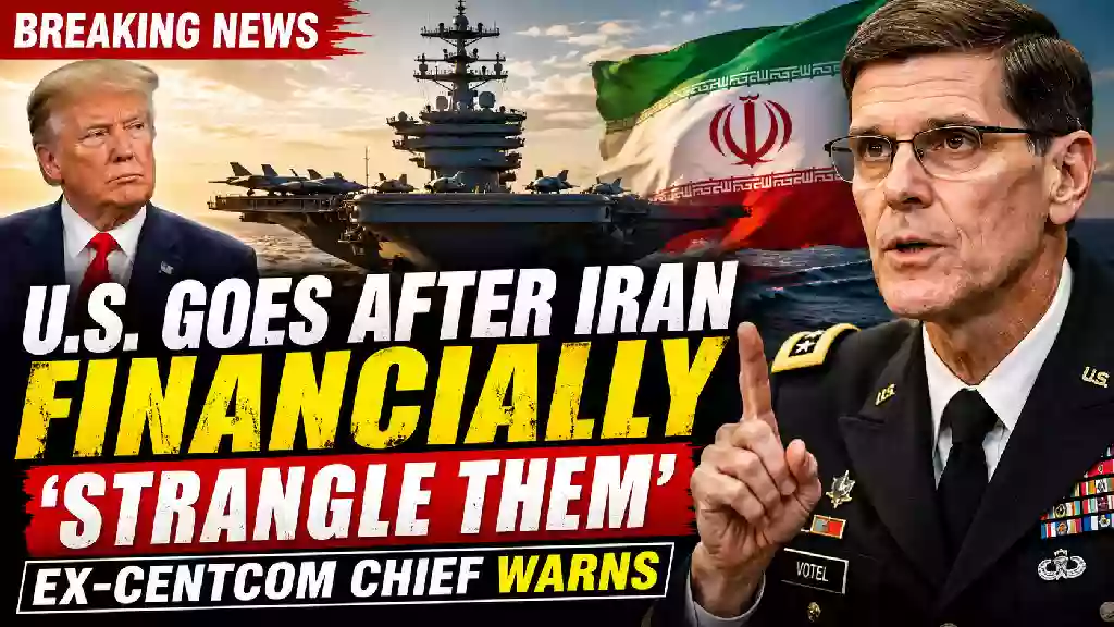 U.S. pressure campaign against Iran featuring an aircraft carrier, Iranian flag, and former CENTCOM commander Joseph Votel discussing tougher financial sanctions