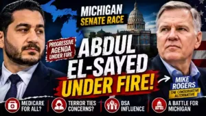Abdul El-Sayed and Mike Rogers face off in a dramatic Michigan Senate race graphic highlighting progressive politics, Medicare for All, DSA influence and Republican opposition.