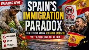 Spain immigration paradox showing a migrant agricultural worker harvesting tomatoes in Almeria greenhouses alongside an anti-immigration protest, highlighting migrant labor and Spain’s immigration debate.