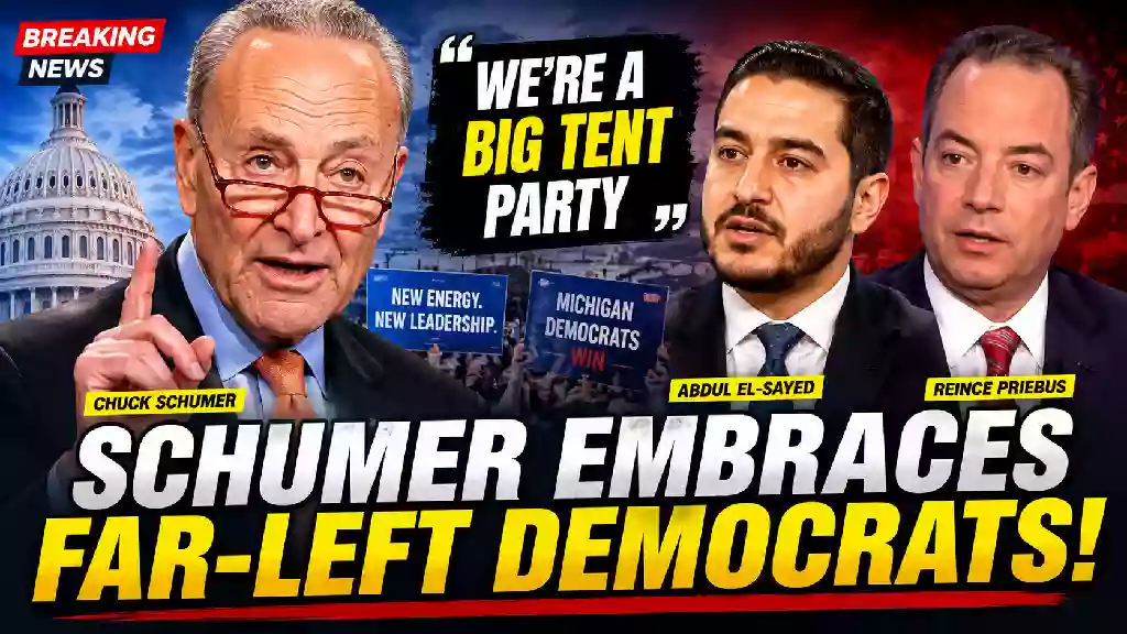 Chuck Schumer pictured alongside a U.S. Capitol backdrop with headline about his support for progressive Democrats ahead of the 2026 midterm elections.