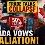 Donald Trump and Canadian Prime Minister Mark Carney featured in a dramatic U.S.-Canada trade dispute graphic showing 50% tariffs on $20 billion of Canadian goods and Canada's retaliation threat.