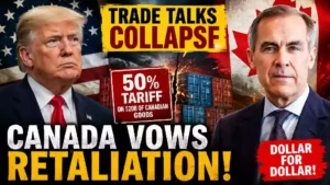 Donald Trump and Canadian Prime Minister Mark Carney featured in a dramatic U.S.-Canada trade dispute graphic showing 50% tariffs on $20 billion of Canadian goods and Canada's retaliation threat.