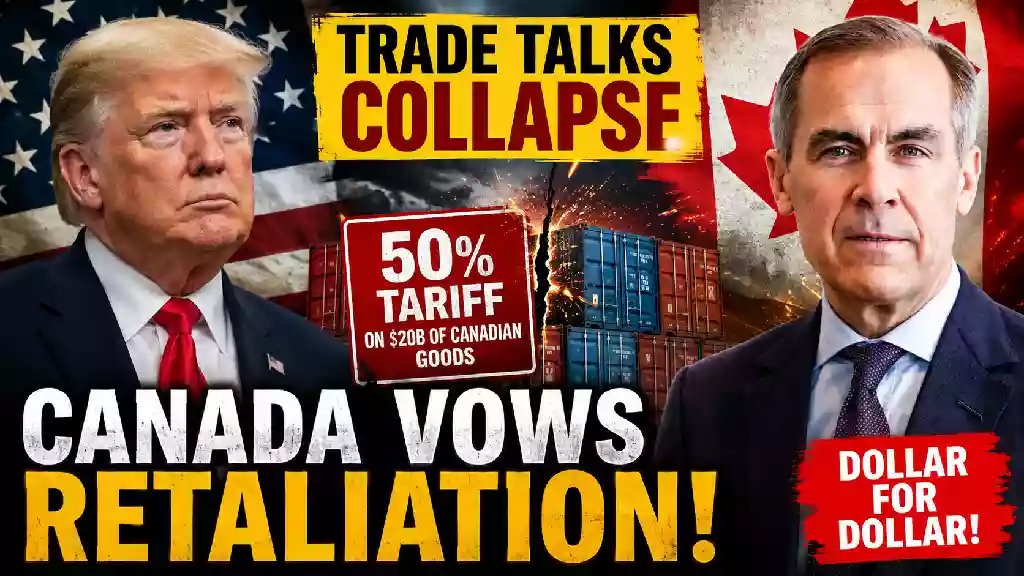 Donald Trump and Canadian Prime Minister Mark Carney featured in a dramatic U.S.-Canada trade dispute graphic showing 50% tariffs on $20 billion of Canadian goods and Canada's retaliation threat.