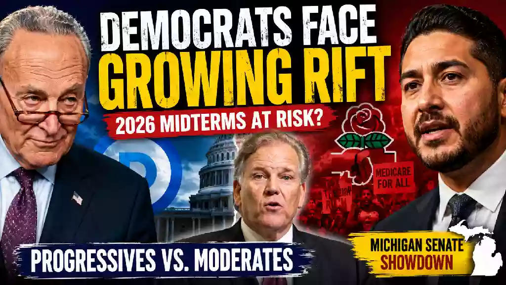 Democrats face growing rift as progressive and moderate factions clash ahead of the 2026 midterm elections, featuring Chuck Schumer, Mark Rogers and Abdul El-Sayed with the U.S. Capitol