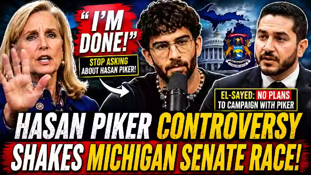 Debbie Dingell, Hasan Piker, and Abdul El-Sayed featured in a dramatic political news thumbnail about the Hasan Piker controversy and Michigan Senate race.