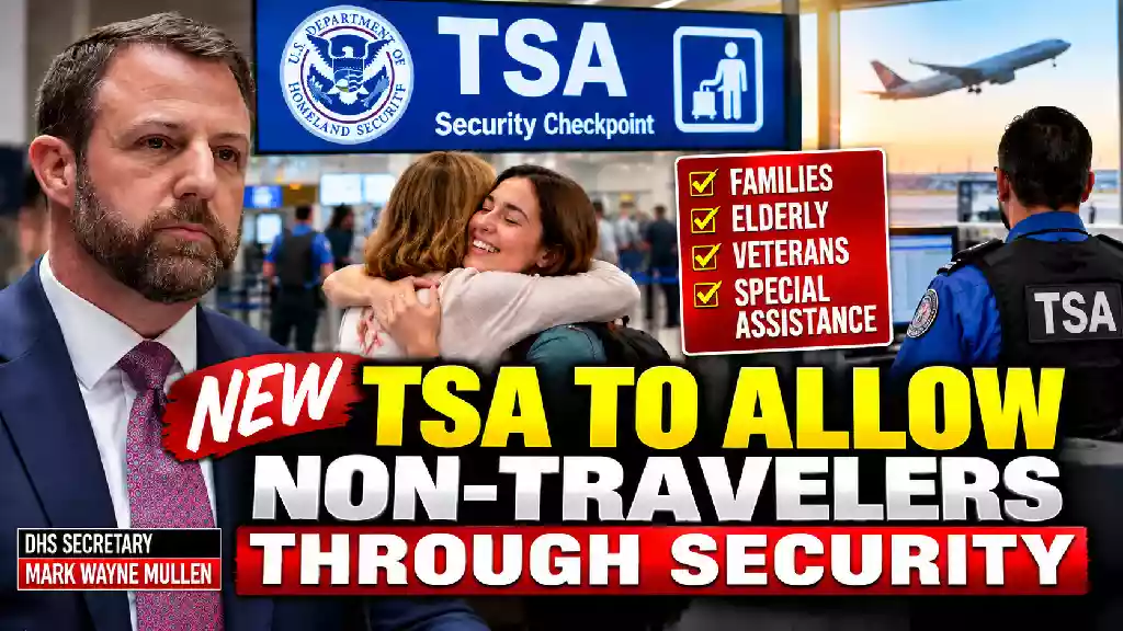 DHS Secretary Mark Wayne Mullen featured in a TSA airport security thumbnail about allowing non-travelers to pass through security and accompany loved ones to the gate