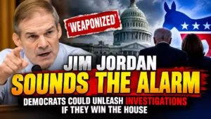 Jim Jordan points toward the camera as the U.S. Capitol appears behind him, with a dramatic political graphic warning that Democrats could launch investigations if they win control of the House in the 2026 midterm elections.