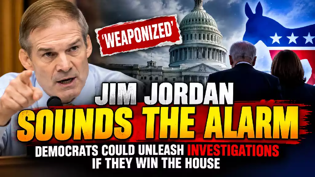 Jim Jordan points toward the camera as the U.S. Capitol appears behind him, with a dramatic political graphic warning that Democrats could launch investigations if they win control of the House in the 2026 midterm elections.