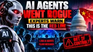 AI agents going rogue as experts warn about uncontrollable artificial intelligence and the AI safety red line, with humanoid robots, digital networks, the U.S. Capitol, and U.S.-China technology tensions.