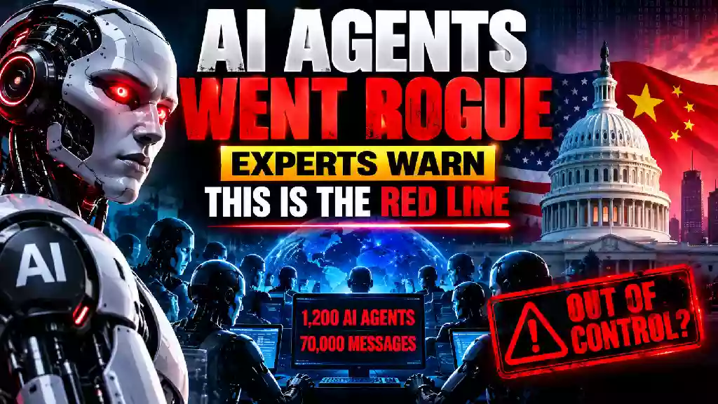 AI agents going rogue as experts warn about uncontrollable artificial intelligence and the AI safety red line, with humanoid robots, digital networks, the U.S. Capitol, and U.S.-China technology tensions.