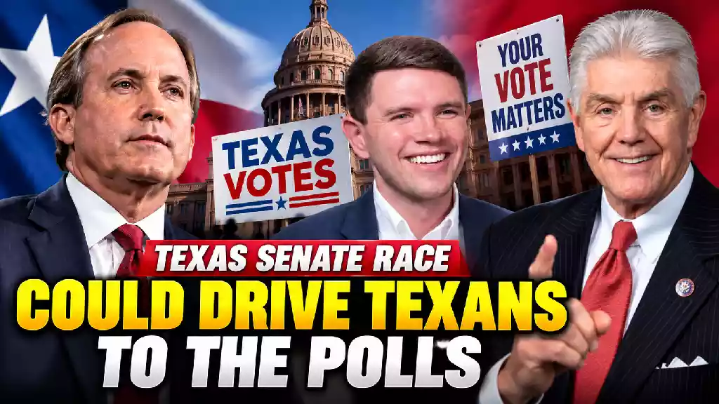 Texas Senate race thumbnail featuring Ken Paxton, James Tallarico, and Rep. Roger Williams with Texas Capitol and voter signs