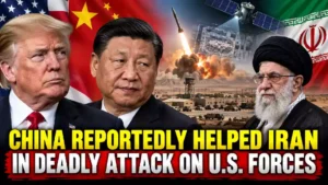 China reportedly helped Iran with satellite intelligence before a deadly attack on U.S. forces, featuring Donald Trump, Xi Jinping, Iran's leadership, missiles, a military base, and satellite surveillance imagery.