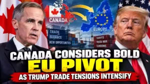 Donald Trump and Canadian Prime Minister Mark Carney pictured against Canada, U.S. and European Union flags as Canada considers closer EU ties amid escalating Trump trade tensions and Canada-U.S. trade disputes.