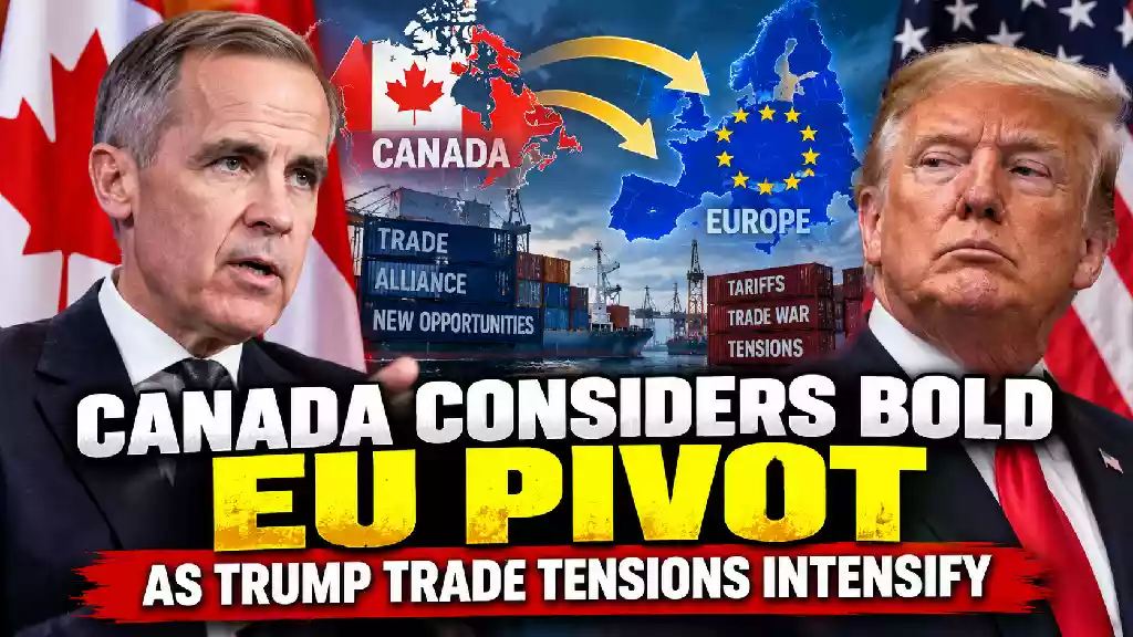Donald Trump and Canadian Prime Minister Mark Carney pictured against Canada, U.S. and European Union flags as Canada considers closer EU ties amid escalating Trump trade tensions and Canada-U.S. trade disputes.