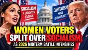 Political YouTube thumbnail showing women voters divided over socialism and capitalism, featuring Alexandria Ocasio-Cortez and Donald Trump-style figures with the U.S. Capitol and opposing socialism and capitalism signs in the background.