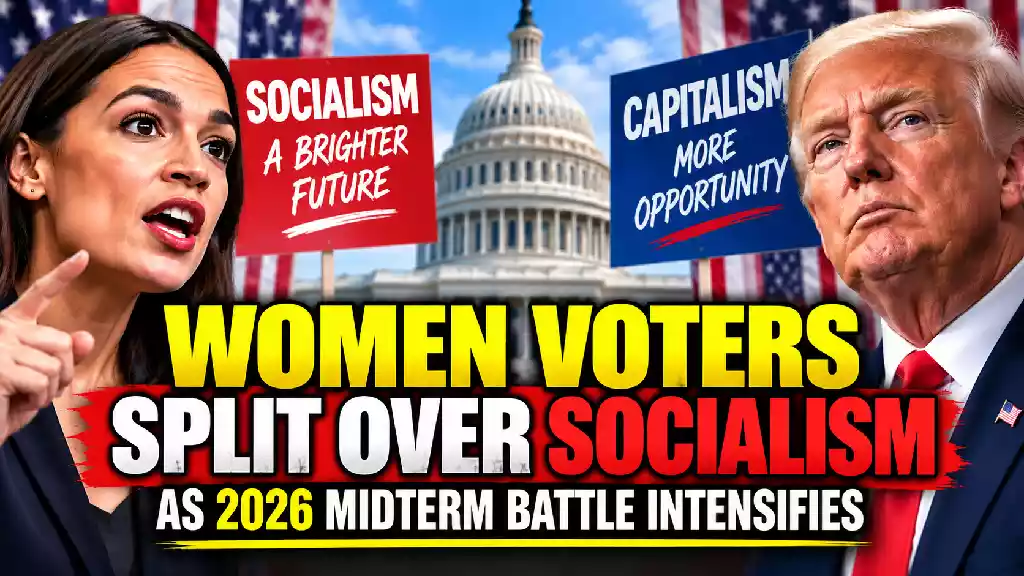 Political YouTube thumbnail showing women voters divided over socialism and capitalism, featuring Alexandria Ocasio-Cortez and Donald Trump-style figures with the U.S. Capitol and opposing socialism and capitalism signs in the background.