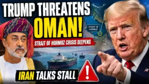 Donald Trump points forward as an Omani official appears beside a Strait of Hormuz shipping scene, highlighting rising U.S.-Oman tensions, Iran talks and the Strait of Hormuz crisis.