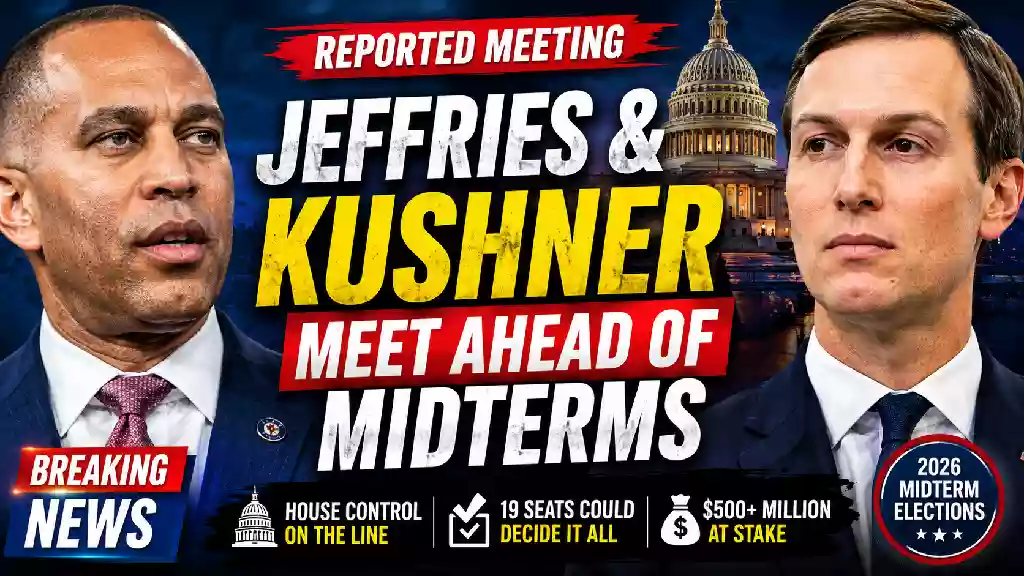 Hakeem Jeffries and Jared Kushner featured in a breaking news graphic about their reported meeting ahead of the 2026 midterm elections, with the U.S. Capitol in the background and House control at stake.