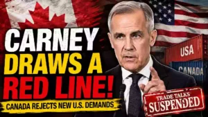 Mark Carney draws a red line as Canada suspends U.S. trade talks over new American demands, with Canadian and U.S. flags and trade containers in the background.