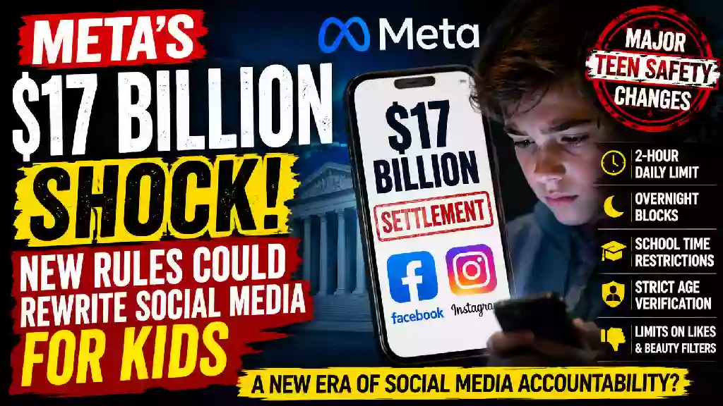 Meta $17 billion settlement over child addiction case, with proposed teen safety rules for Facebook and Instagram including two-hour limits, overnight blocks, age verification and social media restrictions
