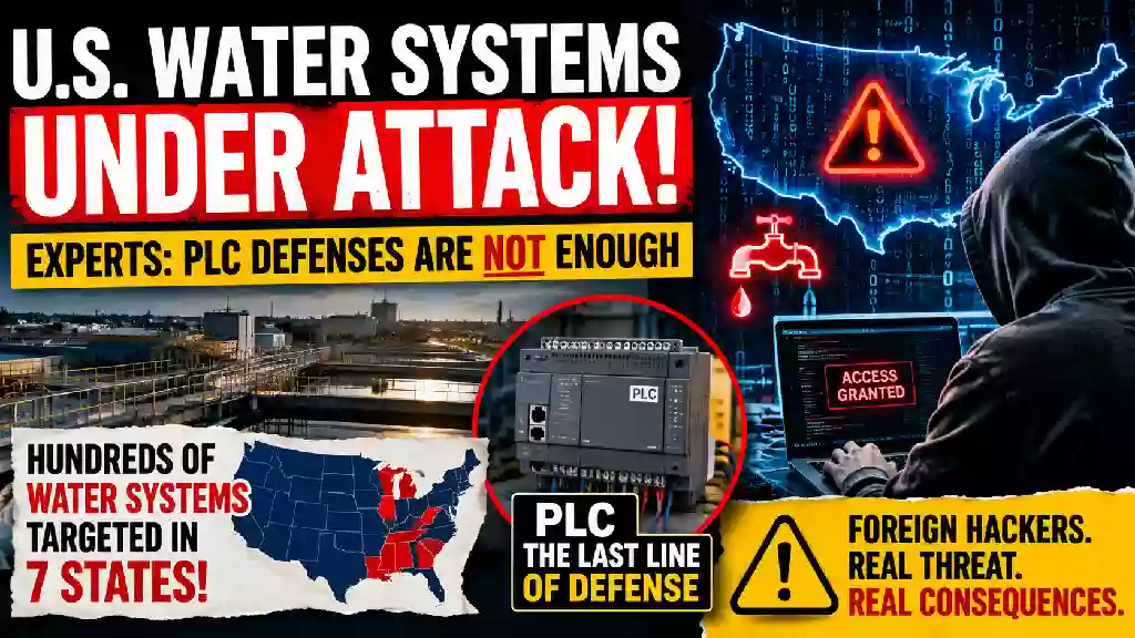 U.S. water systems under cyberattack as cybersecurity experts warn PLC defenses are not enough, with a hacker, water treatment facility, U.S. map, and programmable logic controller shown in a dramatic news graphic.